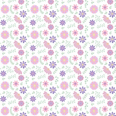 Obraz na płótnie Canvas Vector floral pattern in doodle style with flowers and leaves. Gentle, spring floral background. Cute childish print. Vector illustration in Scandinavian decorative style. 