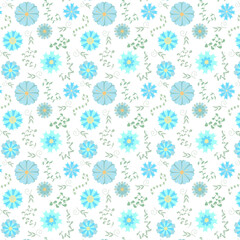 Vector floral pattern in doodle style with flowers and leaves. Gentle, spring floral background. Cute childish print. Vector illustration in Scandinavian decorative style.
