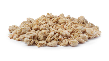 Pile of granola on white background. Healthy snack