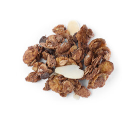 Pile of granola on white background, top view. Healthy snack