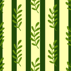 Fototapeta na wymiar Scrapbook seamless botanic pattern with simple leaf banches ornament. Green striped background.