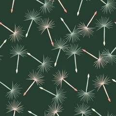 Dark meadow nature seamless doodle pattern with random dandelion shapes. Dark green background.