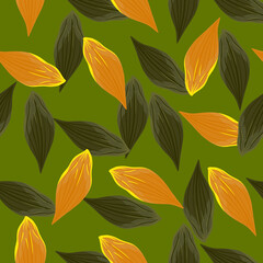 Random orange and green leaf ornament seamless pattern. Green background. Botanic autumn falling artwork.
