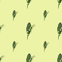 Minimalistic style seamless doodle pattern with green spring lily of the valley shapes. Pastel background.