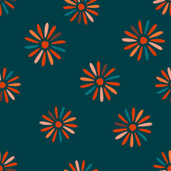 Random red abstract daisy silhouettes seamless pattern. Nature backdrop. Navy blue dark background.