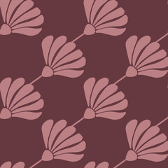 Decorative seamless pattern with doodle vintage flower silhouettes print. Maroon and pink colored palette.