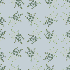Random seamless doodle pattern with simple style wildflowers silhouettes print. Blue background.