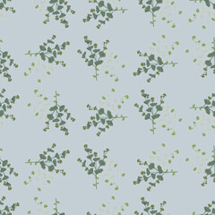 Random seamless doodle pattern with simple style wildflowers silhouettes print. Blue background.