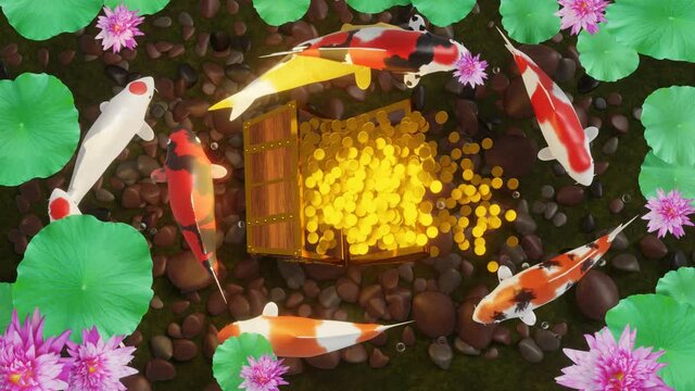 Koi fish or fancy carp swim in circle. The floor of the pond has dark stones. With an open treasure chest, Many gold coins spread out. Pink lotus flowers in a fish pond. Good feng shui. 3D Rendering