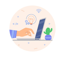 Developing ideas, brain gears, coding on computer,