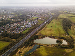 Stoke Park and motorway m32, Bristol, Drone view