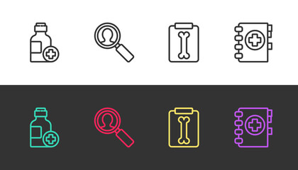 Set line Bottle of medicine syrup, Medical analysis, X-ray shots and clipboard on black and white. Vector