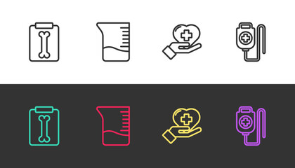 Set line X-ray shots, Measuring cup, Heart with cross and IV bag on black and white. Vector