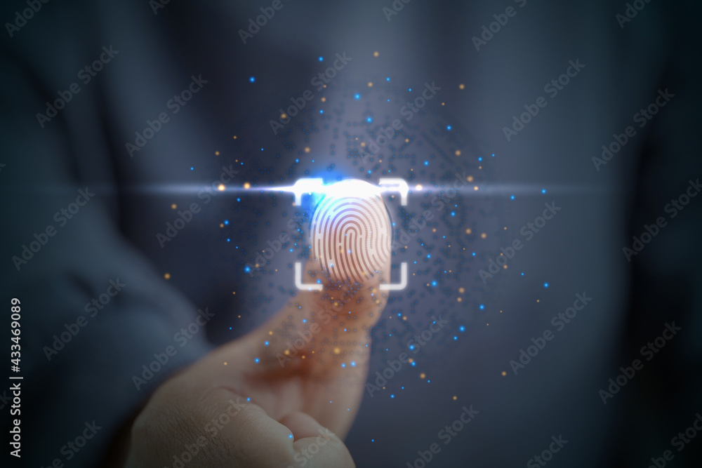 Aufkleber futuristic digital processing of biometric identification fingerprint scanner concept