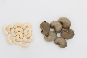Cashew nuts with shell waiting to be processed on white background