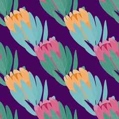 Bright hand drawn seamless pattern with yellow and pink protea flowers ornament. Purple bright background.