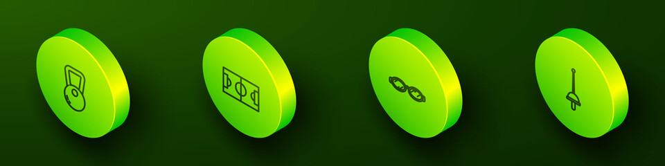 Set Isometric line Kettlebell, Football or soccer field, Glasses for swimming and Fencing icon. Vector