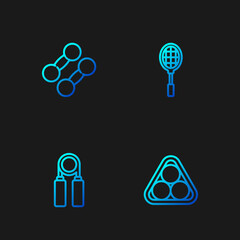 Set line Billiard balls in a rack triangle, Sport expander, Dumbbell and Tennis racket. Gradient color icons. Vector