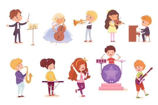 Kid musicians playing music set. Little girls and boys with piano, violin, trumpet, saxophone, electric guitar, drums vector illustration. Children with instruments on white background