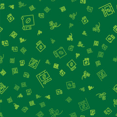 Set line Coffee street truck machine, Street signboard coffee and bean, branch on seamless pattern. Vector