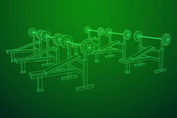 Barbell with weights. Gym equipment. Bodybuilding, powerlifting, fitness concept. Wireframe low poly mesh vector illustration.