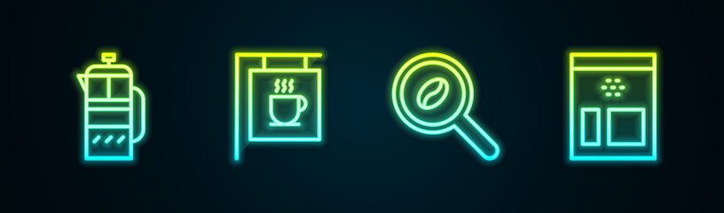 Set line French press, Street signboard coffee, Selection beans and Bag. Glowing neon icon. Vector