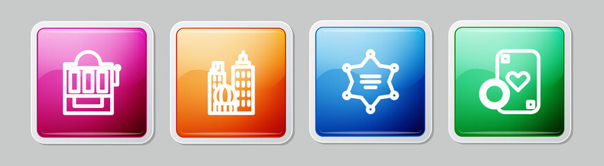 Set line Slot machine, City landscape, Hexagram sheriff and Casino chip playing cards. Colorful square button. Vector