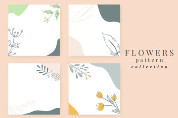 Colorful banner templates for social media post. Set of floral patterns. Hand-drawn background. 