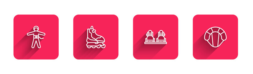 Set line Bungee jumping, Roller skate, Snowboard and Parachute with long shadow. Red square button. Vector