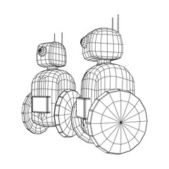 Robot Promoter LCD Screen on two wheels. Ad promo bot. Wireframe low poly mesh vector illustration