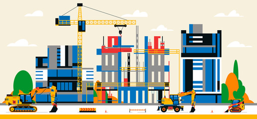 Construction site in the city between city buildings. Building under construction and service equipment. Heavy machinery, commercial vehicles, crane, houses, buildings. Vector illustration.