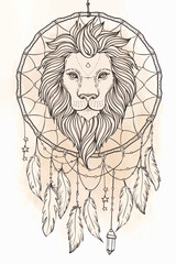 Ornate lion head over dream catcher. African, Indian, totem, tattoo, sticker design. Design of t-shirt, bag and poster. Vector isolated illustration in vintage colors. Zodiac sign Leo.