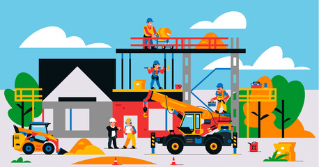 The house is under construction. Construction site with heavy machinery and workers. Builders, transport, building site, unfinished house, tools, people, sand, loader, crane. Vector illustration.