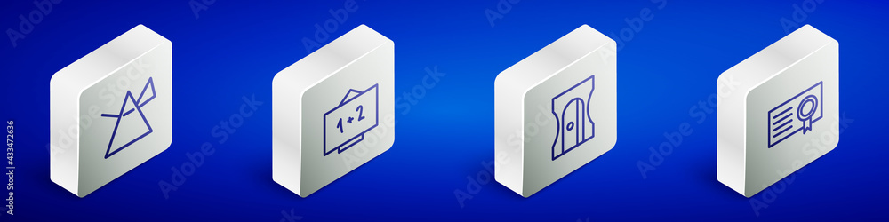 Poster set isometric line light rays in prism, chalkboard, pencil sharpener and certificate template icon. 