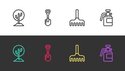 Set line Tree, Shovel, Garden rake and sprayer for fertilizer on black and white. Vector