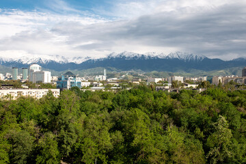 Fototapeta na wymiar summer city with green trees and blue sky against the backdrop of mountains
