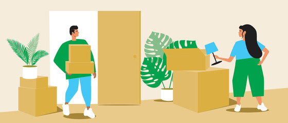 Couple with boxes, new apartment, flat vector stock illustration with happy newlyweds in new house and room with boxes