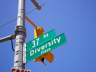 Diversity Plaza street sign, Jackson Heights, Queens, New York, USA