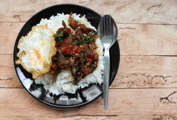 Rice, stir-fried basil catfish, egg, with spoon and fork in the dish isolated on wooden background closeup.