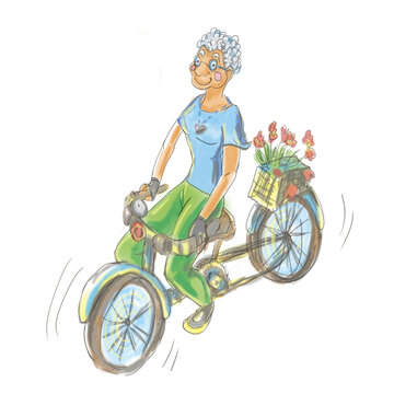 Old lady riding a bicycle. Digital illustration.