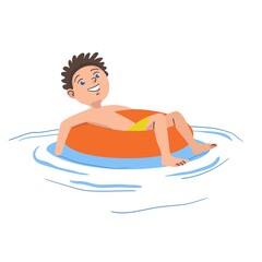 Kid swimming in pool at outdoor party. Boy diving into water to swim on vacation day. Summer resort beach scene vector illustration. Happy active child having fun on holiday on floating ring.