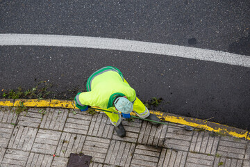 Worker with manual tool cleaning the sidewalk of vegetation