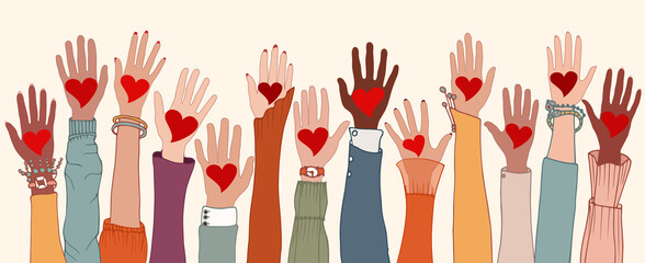 Arms and hands raised. Group of diverse people with heart in hand. Charity donation and volunteer work. Support and assistance. People diversity. Multicultural and multiethnic community