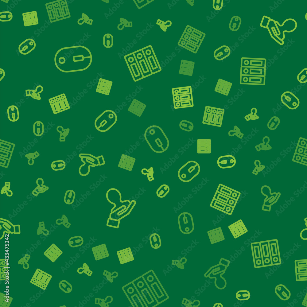 Poster set line computer mouse, hand for search a people and office folders on seamless pattern. vector