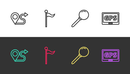 Set line Route location, Location marker, Push pin and Gps device with map on black and white. Vector