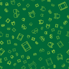 Fototapeta premium Set line 3D cinema glasses, Play Video and Cinema chair on seamless pattern. Vector