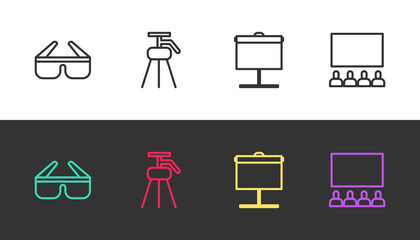 Set line 3D cinema glasses, Tripod, Projection screen and Cinema auditorium with on black and white. Vector