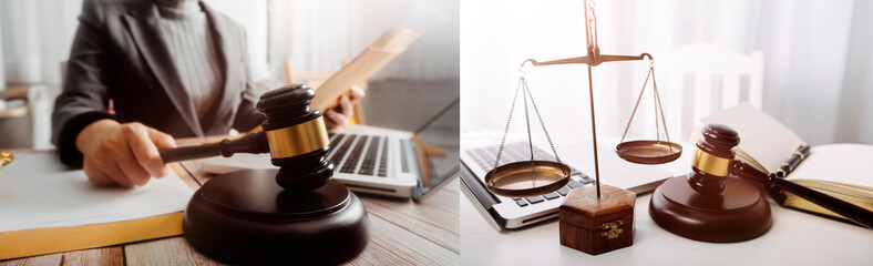 justice and law concept.Male judge in a courtroom on wooden table and Counselor or Male lawyer...