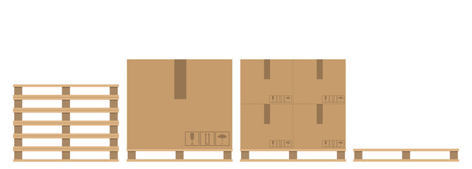 A set of wooden pallets with cardboard boxes of different shapes isolated on white background. Cardboard parcels. Packaging cargo. Vector illustration. - obrazy, fototapety, plakaty