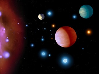 Obraz na płótnie Canvas 3d illustration, abstract, art, astrology, astronomy, background, backgrounds, black, blue, bright, color, colors, constellation, constellations, cosmic, cosmos, dark, deep, earth, exoplanet, explorat